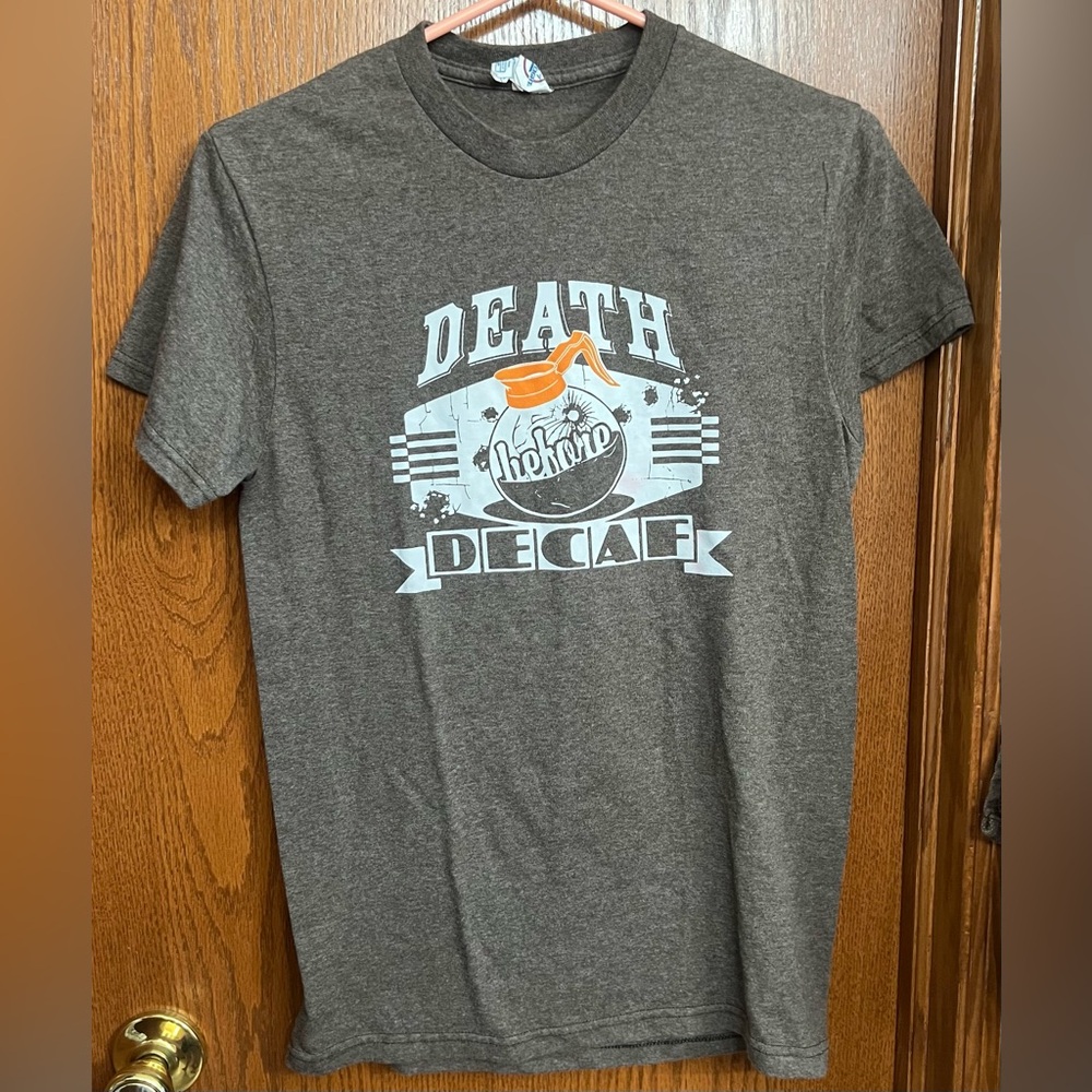 Men’s Brown Death Before Decaf Tshirt Size S